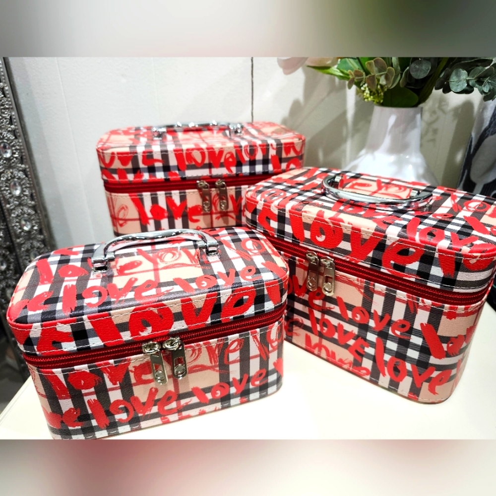 Red and Black Love Print Cosmetic Cases 3PC SET